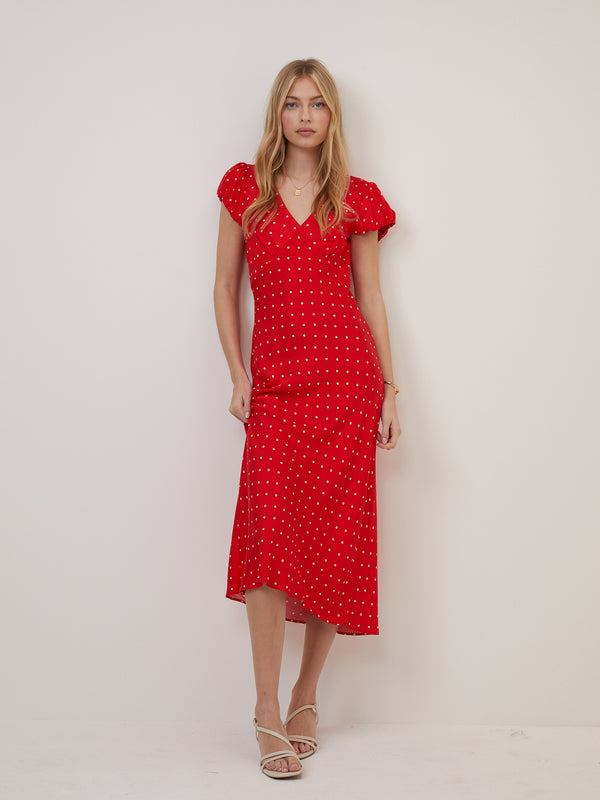 Red Polka Dot V Neck Lina Midi Dress