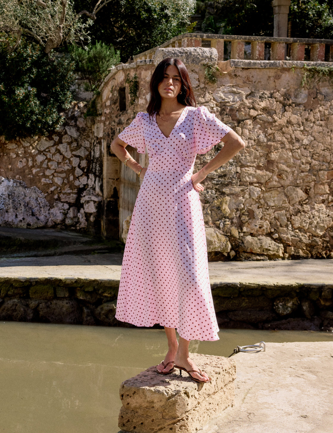 Pink and Brown Polka Dot Atlas Midi Dress Pink and Brown Polka Dot Atlas Midi Dress