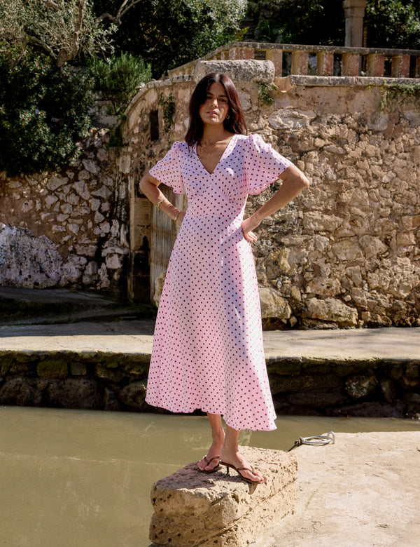 Pink and Brown Polka Dot Atlas Midi Dress