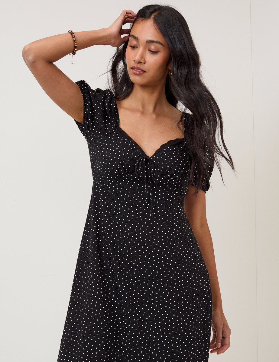 Black Polka Dot Lace Trim Keka Midi Dress