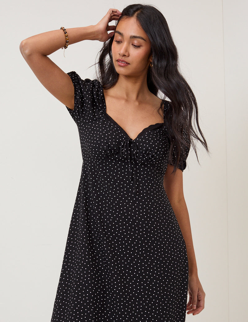 Black Polka Dot Lace Trim Keka Midi Dress