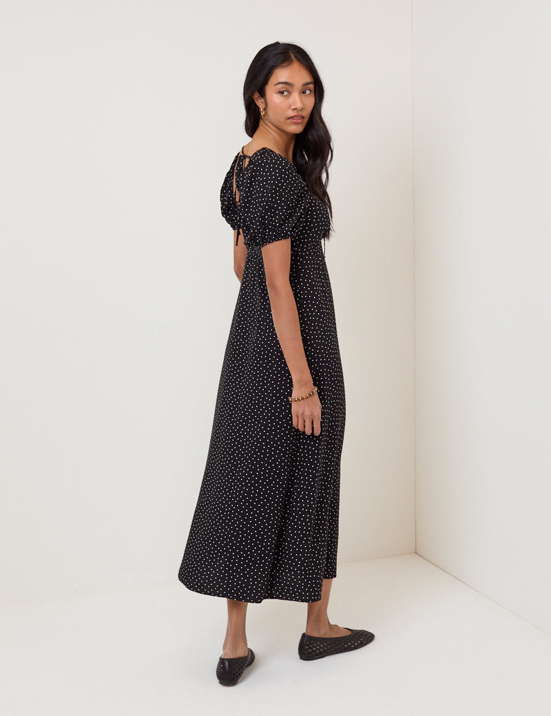Black Polka Dot Lace Trim Keka Midi Dress