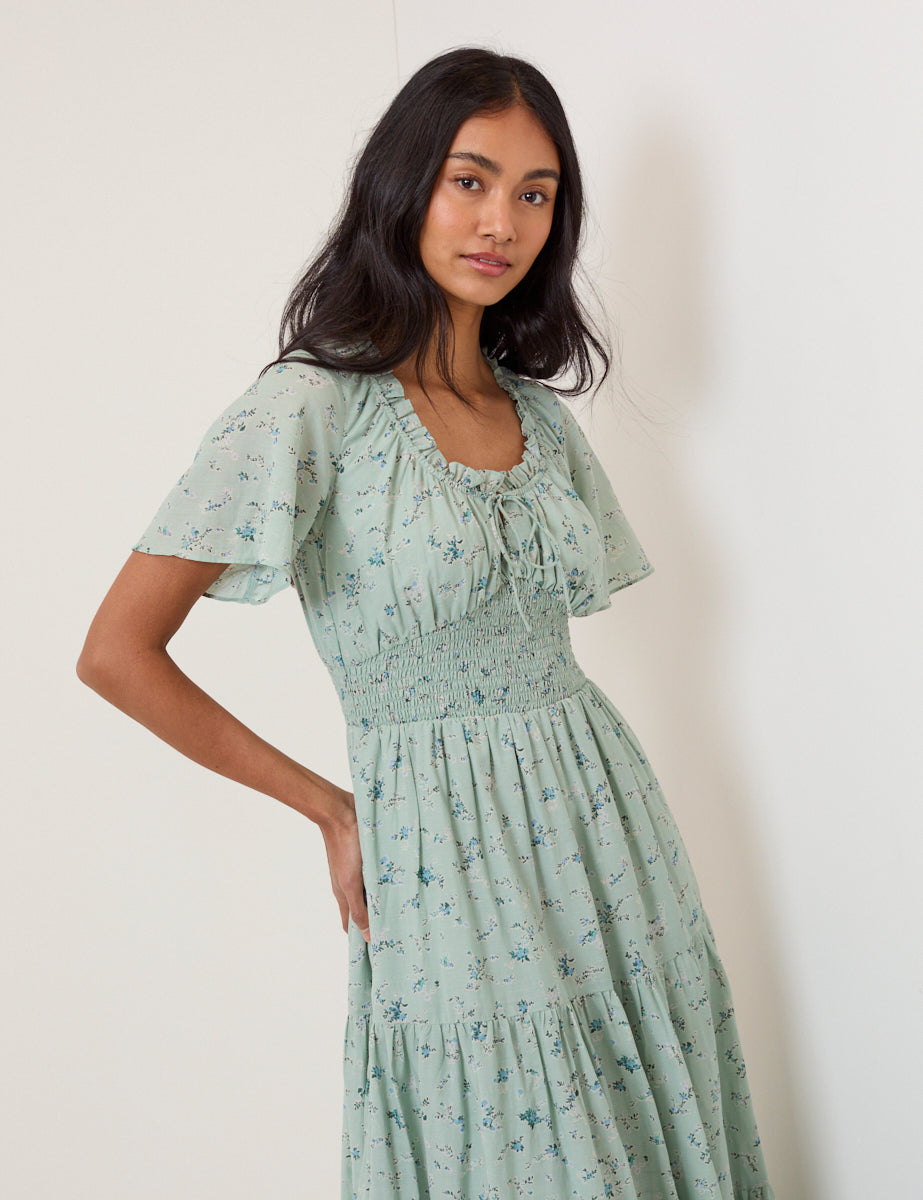 Green Ditsy Floral Caliope Midi Dress