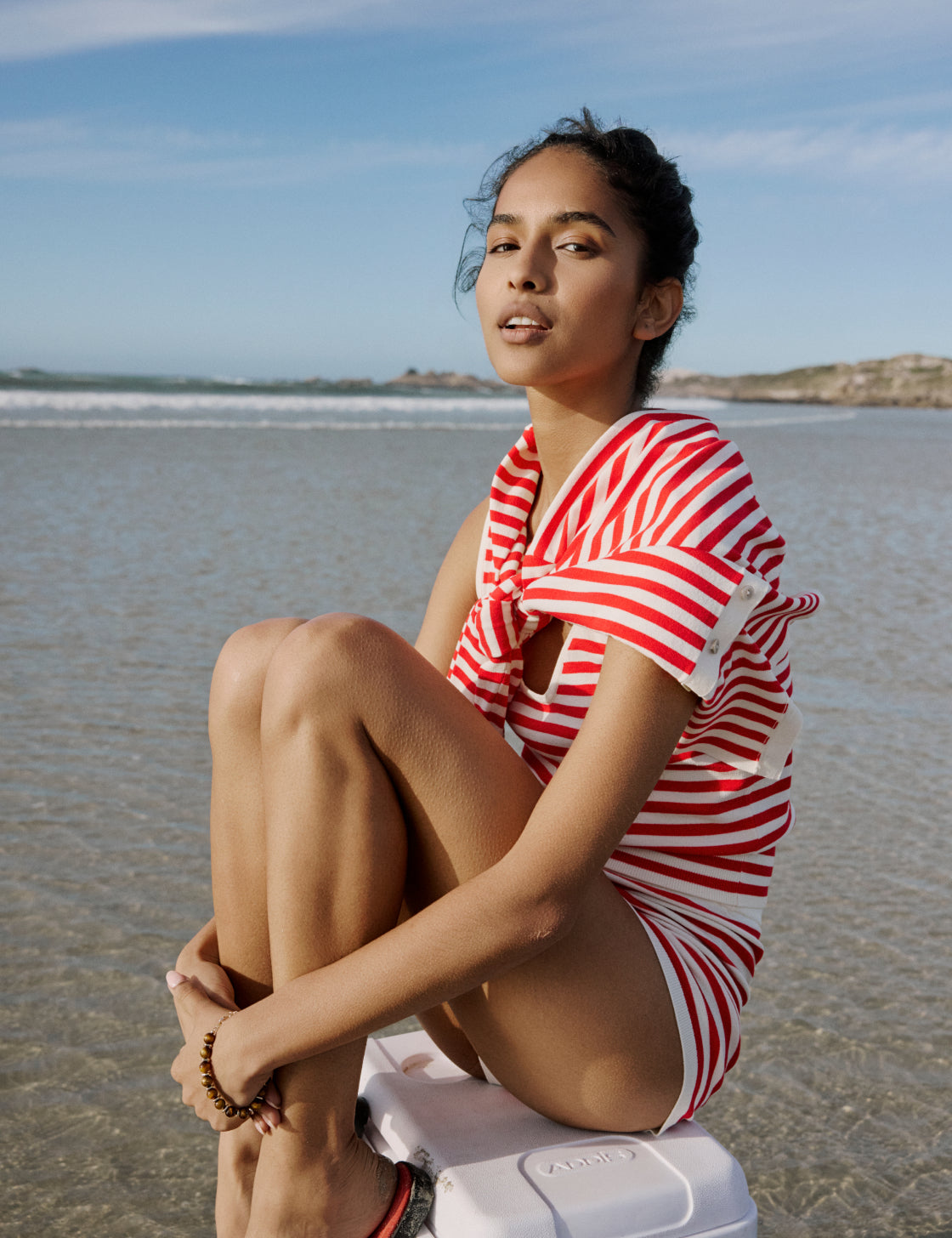 Red Striped Waisted Crew Neck Cardigan