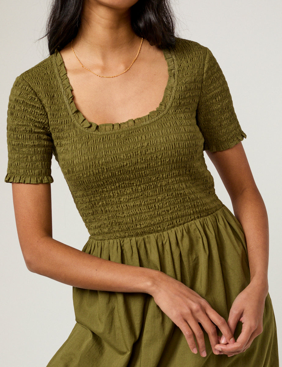 short sleeve shirred bodice dress Fitted Shirred Bodice Dress
