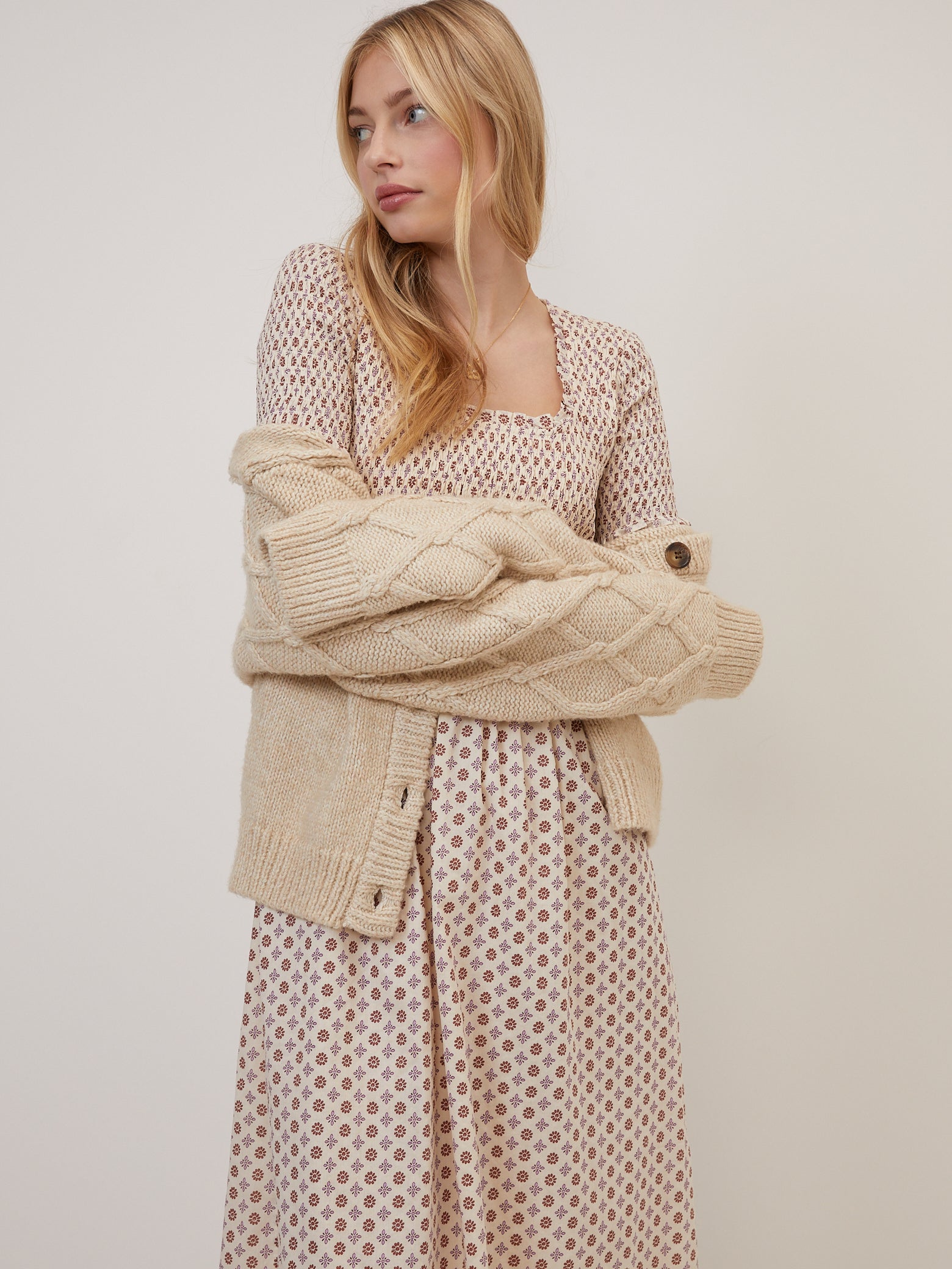 Beige Floral Zita Midi Dress