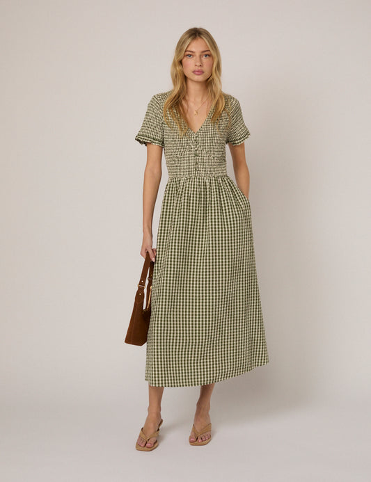 knee length dresses for ladies Green Gingham Check Maxi Dress