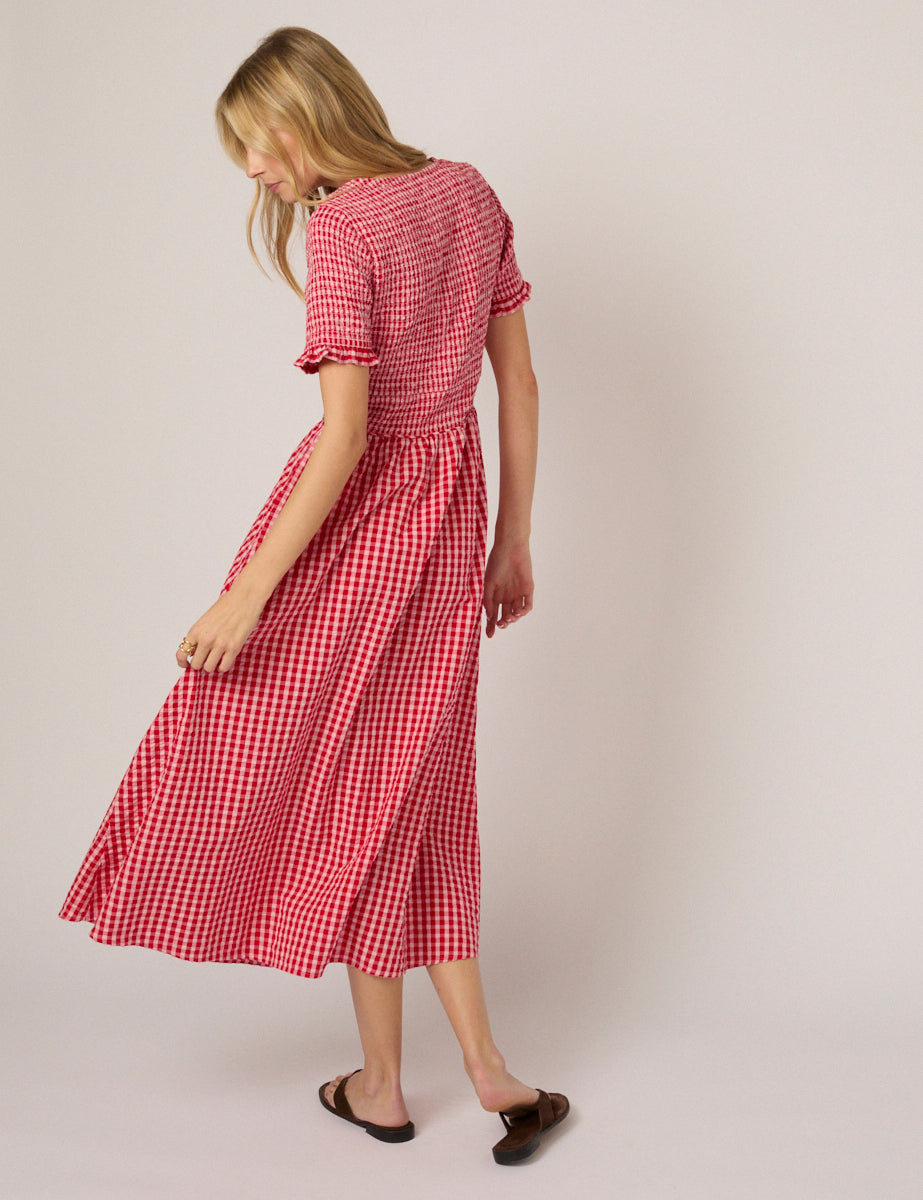 red and white gingham midi dress Red & White Gingham Cotton Midi Dress