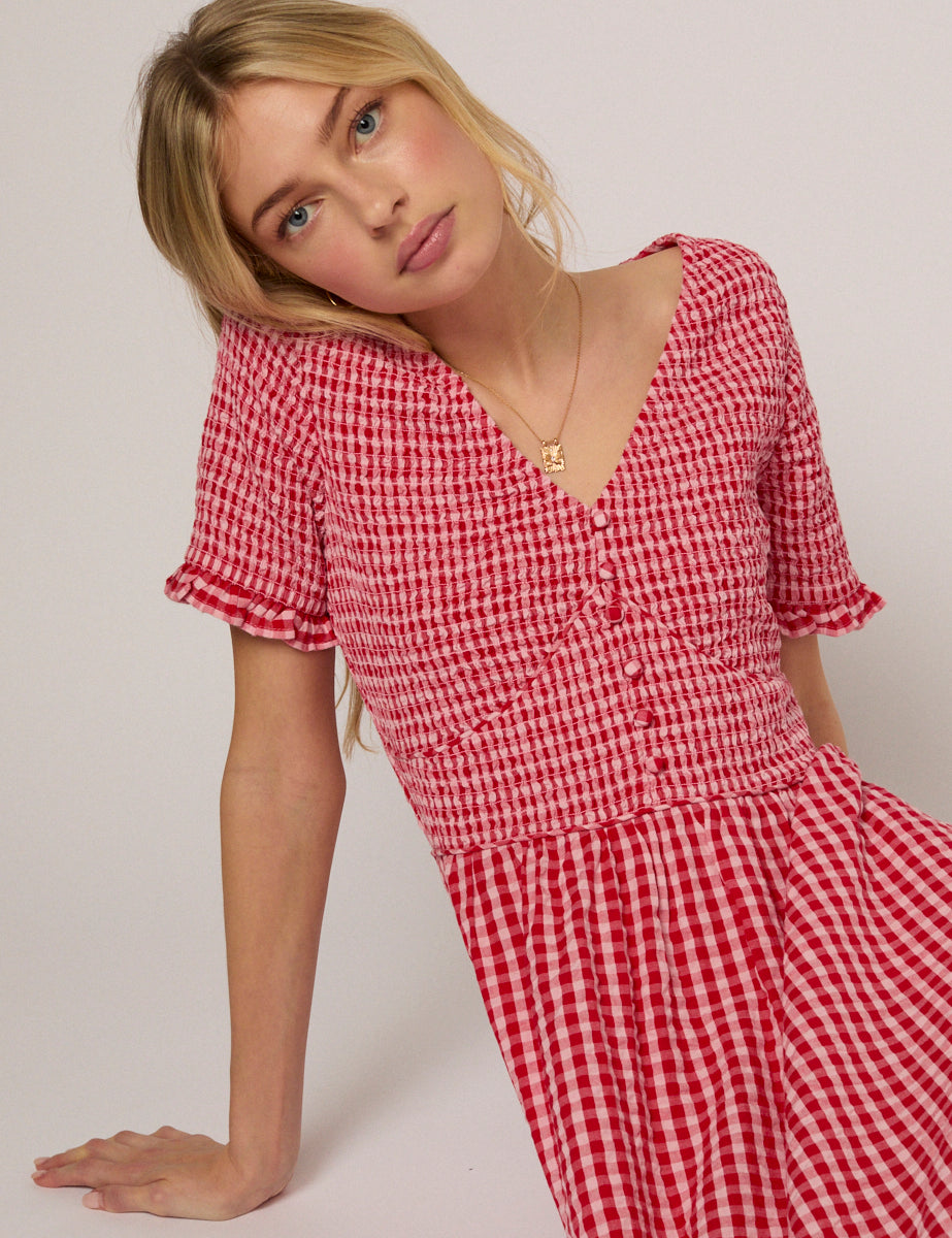Red Gingham Eliza Midi Dress