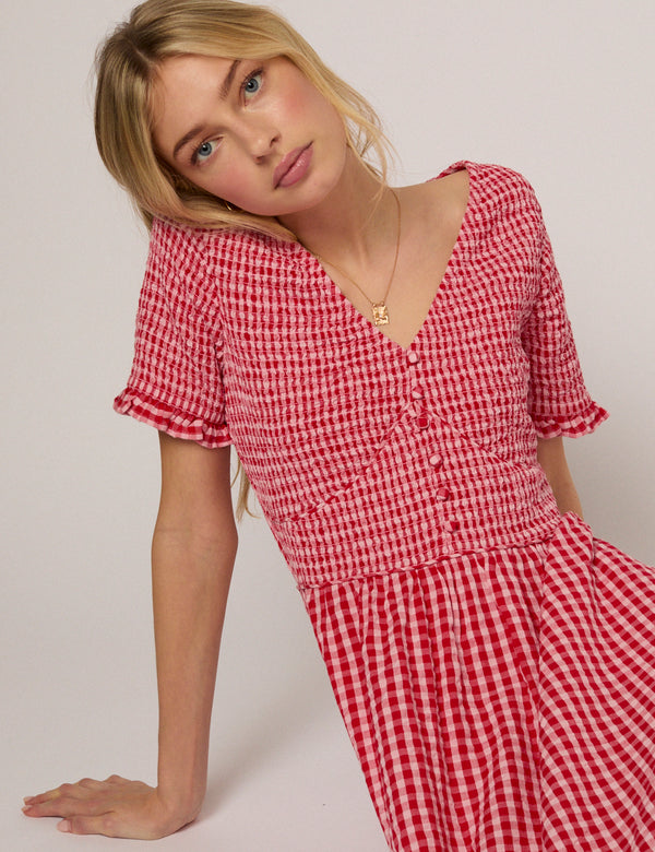 Red Gingham Eliza Midi Dress