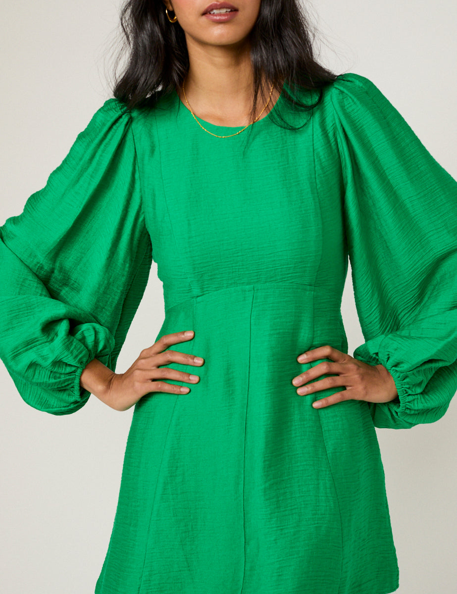 Green Balloon Sleeve Nicki Mini Dress