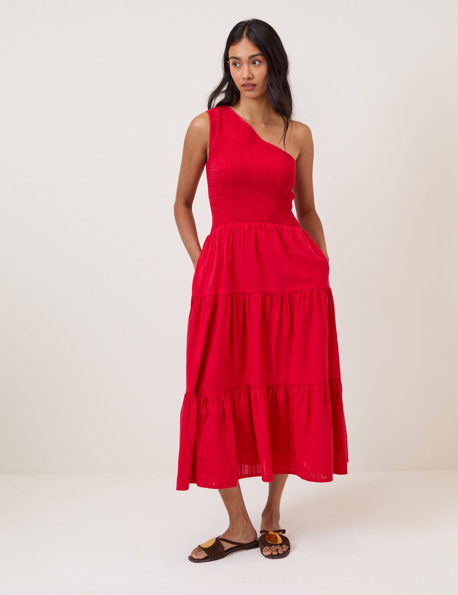 Red One Shoulder Cecilia Midi Dress