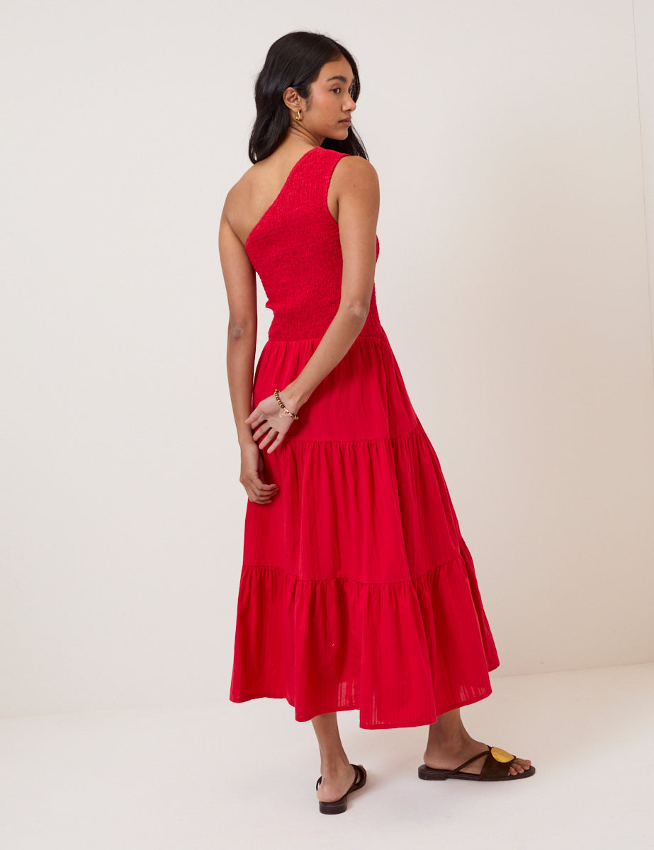 Red One Shoulder Cecilia Midi Dress