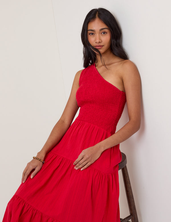 Red One Shoulder Cecilia Midi Dress