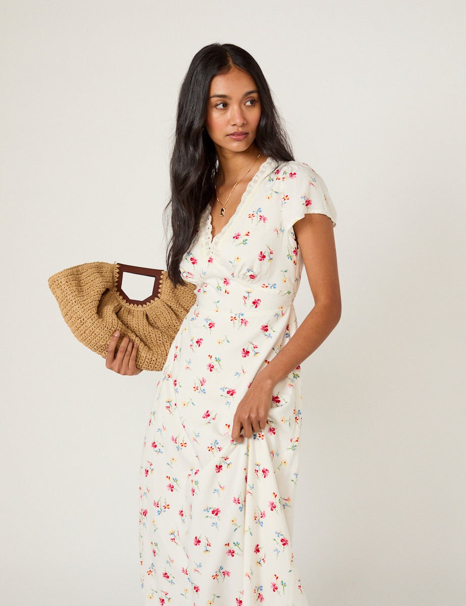 White Floral Lace Trim Kacey Midi Dress White Floral Lace Trim Kacey Midi Dress