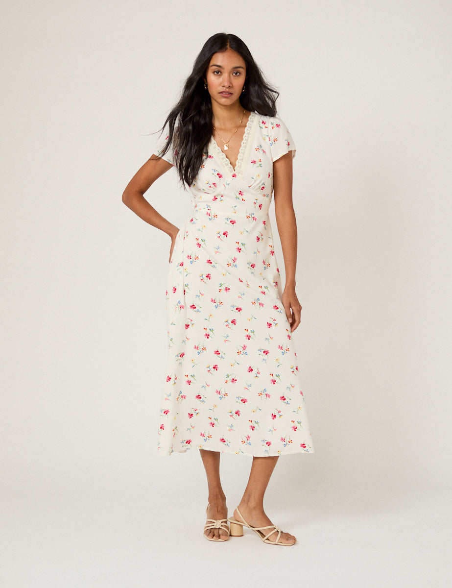 White Floral Lace Trim Kacey Midi Dress White Floral Lace Trim Kacey Midi Dress