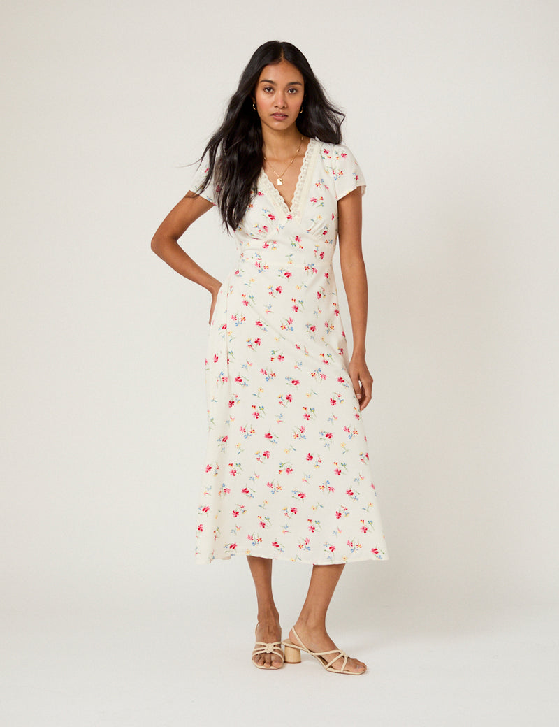 White Floral Lace Trim Kacey Midi Dress