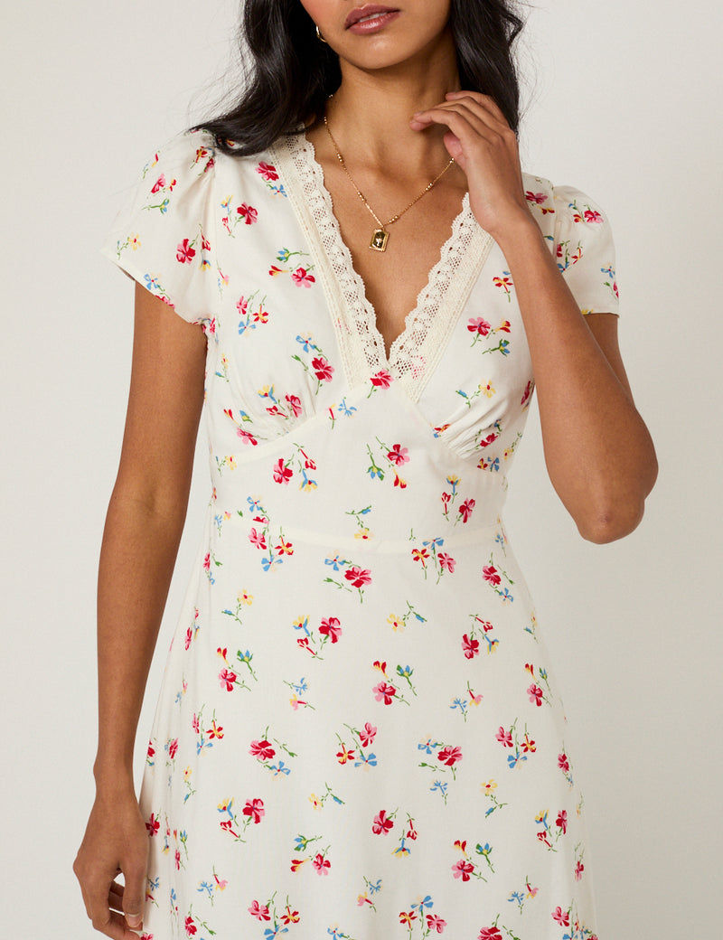 White Floral Lace Trim Kacey Midi Dress