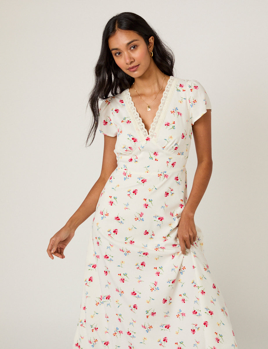 White Floral Lace Trim Kacey Midi Dress White Floral Lace Trim Kacey Midi Dress