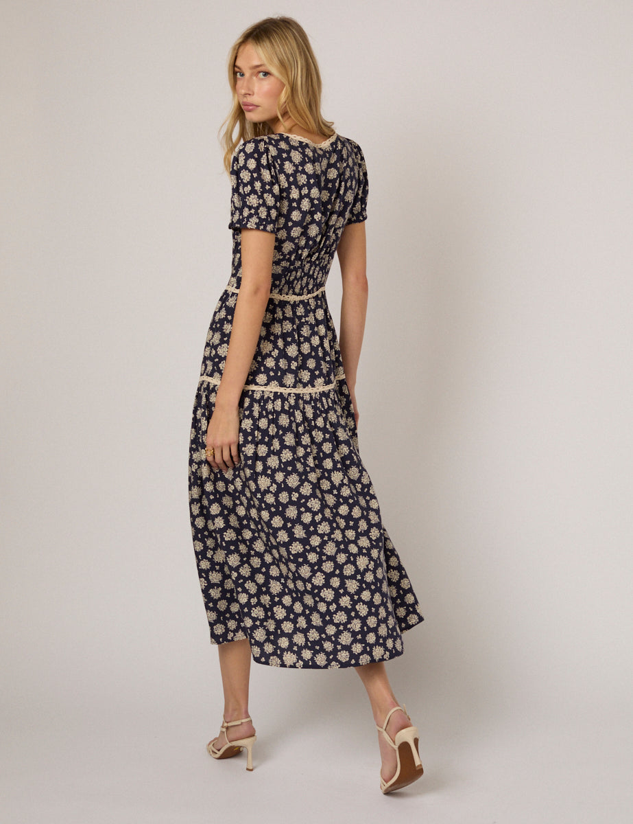 Floral Puff Sleeve Lace Trim Dara Midi Dress