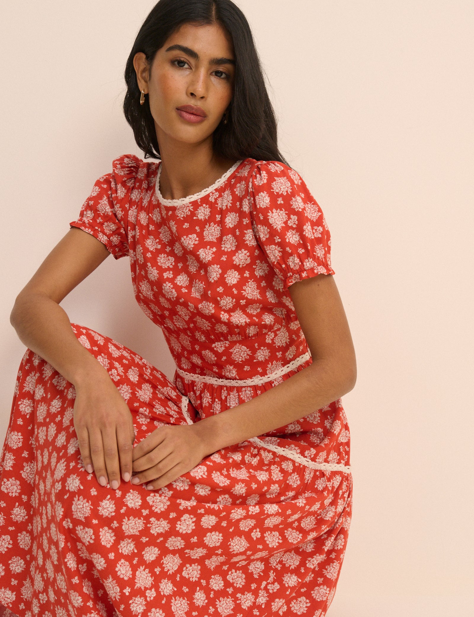 Red Ditsy Floral Tiered Dara Midi Dress