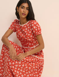 Red Ditsy Floral Tiered Dara Midi Dress