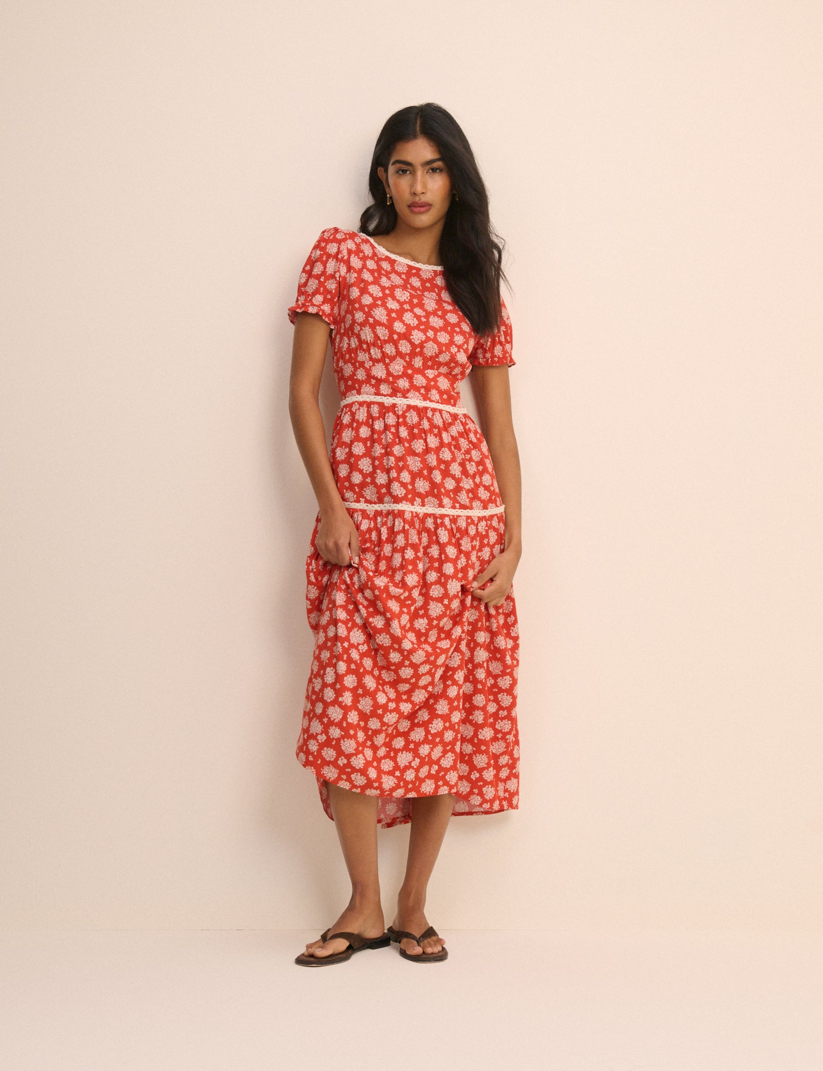 Red Ditsy Floral Tiered Dara Midi Dress