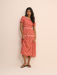 Red Ditsy Floral Tiered Dara Midi Dress