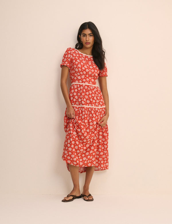 Red Ditsy Floral Tiered Dara Midi Dress
