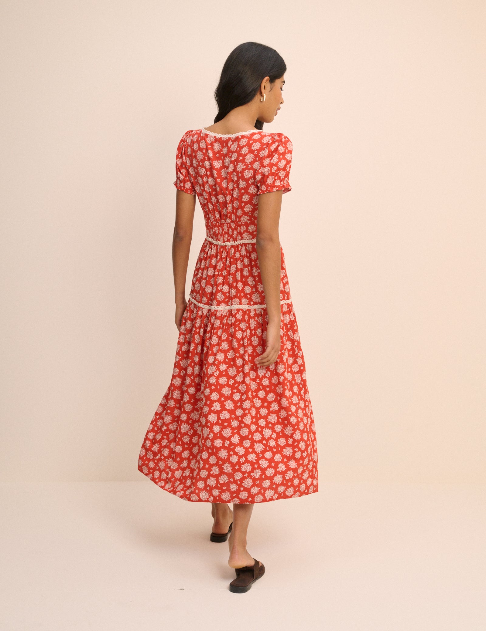 Red Ditsy Floral Tiered Dara Midi Dress