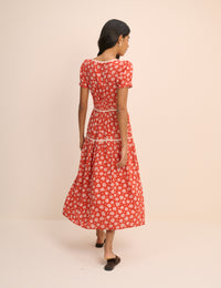 Red Ditsy Floral Tiered Dara Midi Dress