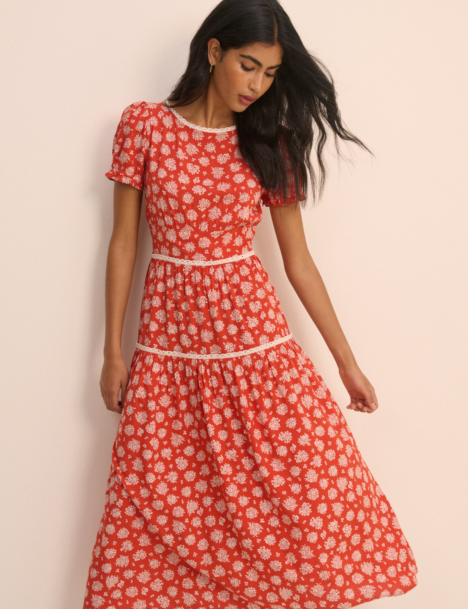 ditsy red floral dress Serisse Women's Red Floral Summer Elegant Vacation Dress,Ditsy Short Sleeve Wrap Mid-Calf Maxi Dress,Fitted Waist A-Line Bohemia Flower Holiday Wear