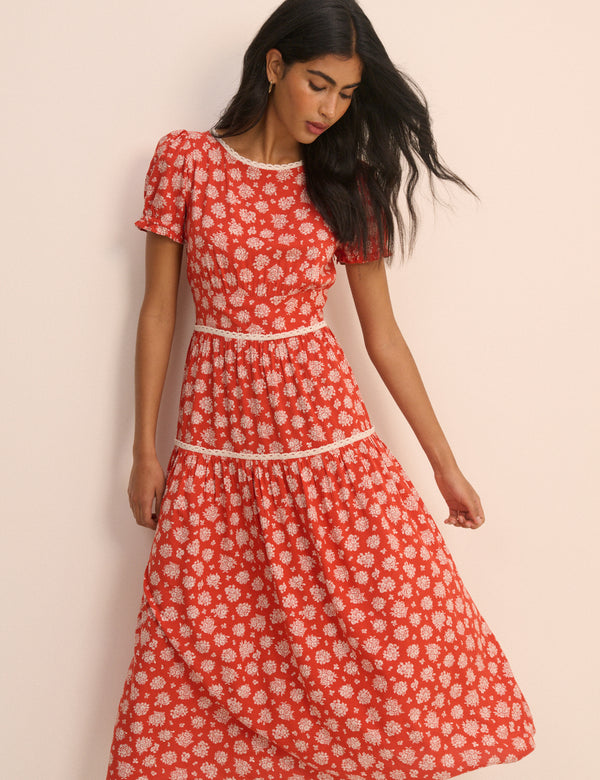Red Ditsy Floral Tiered Dara Midi Dress