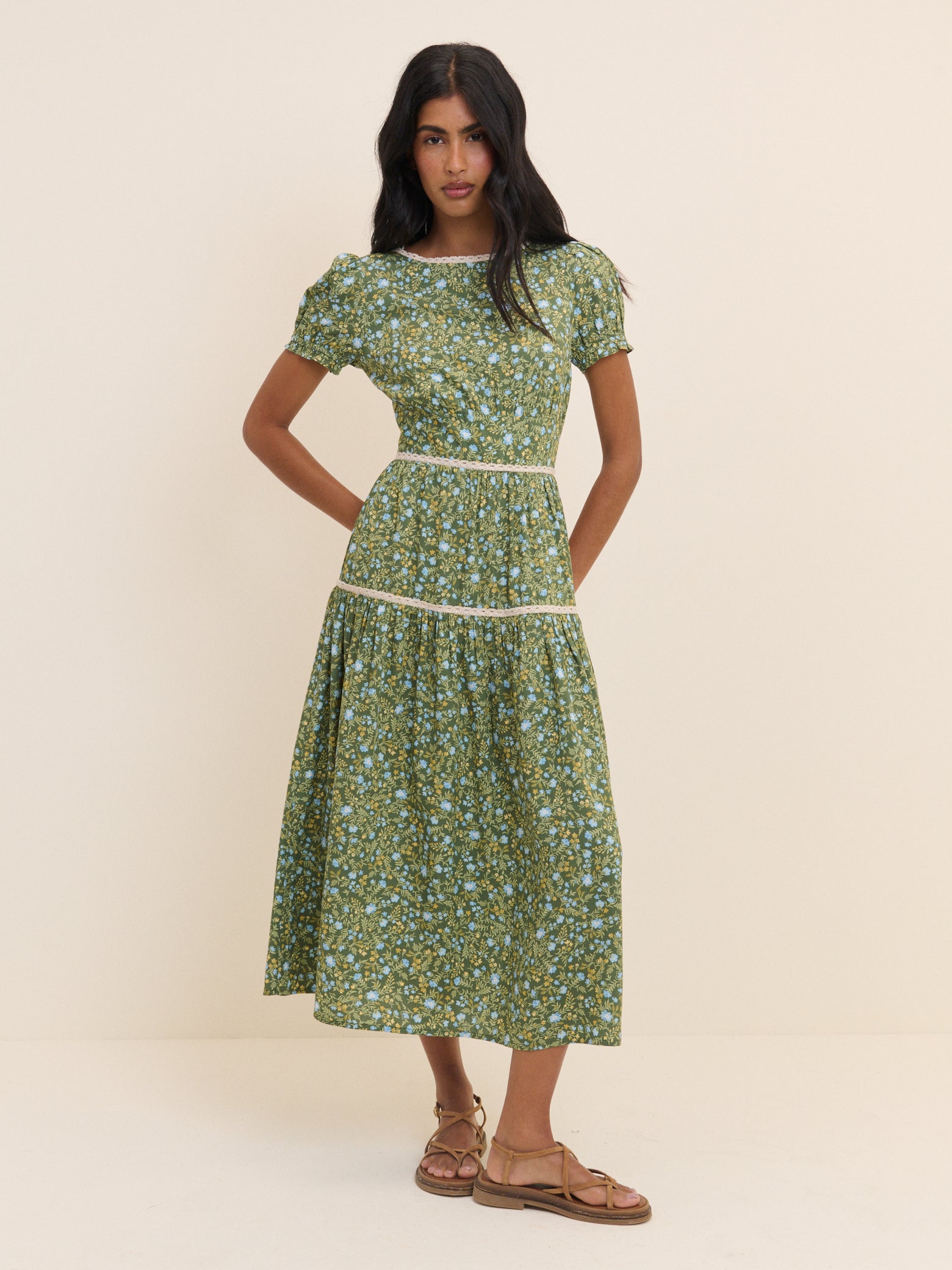 Green Ditsy Floral Tiered Dara Midi Dress Green Ditsy Floral Tiered Dara Midi Dress