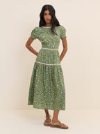 Green Ditsy Floral Tiered Dara Midi Dress