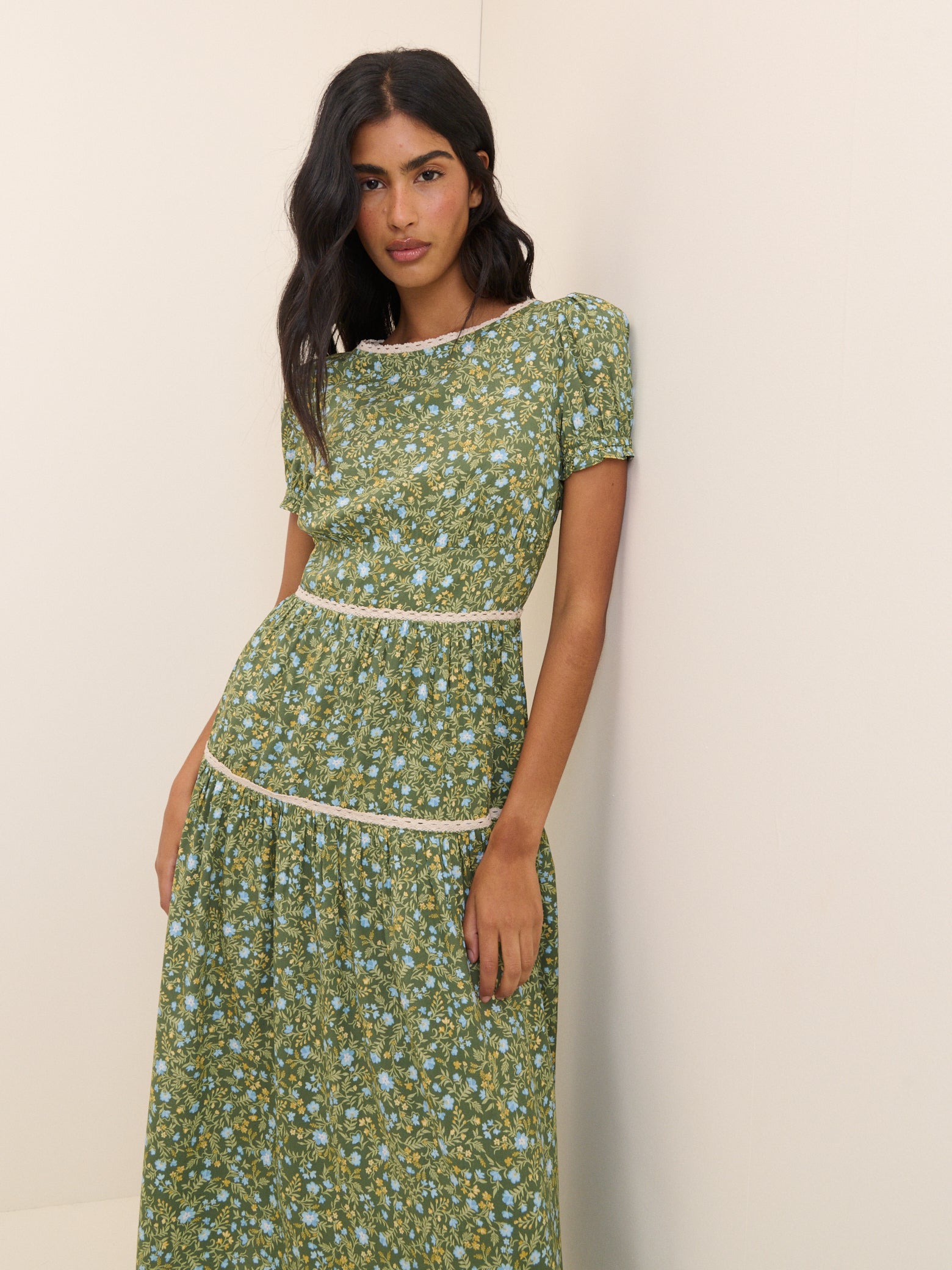 Green Ditsy Floral Tiered Dara Midi Dress