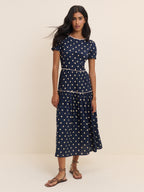 Navy Polka Dot Tiered Dara Midi Dress