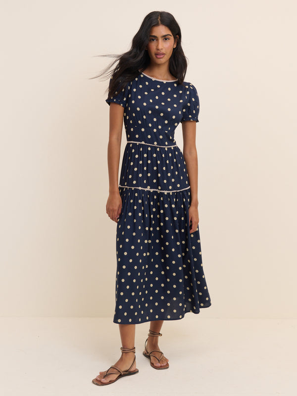 Navy Polka Dot Tiered Dara Midi Dress