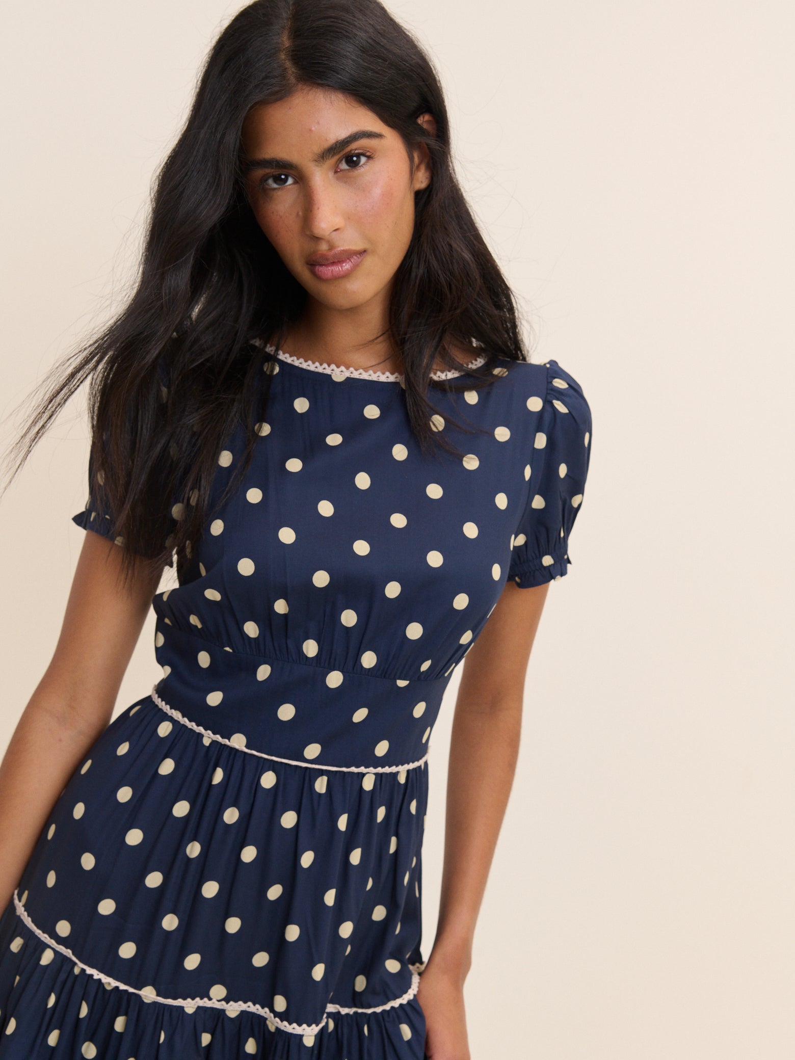 Navy Polka Dot Tiered Dara Midi Dress