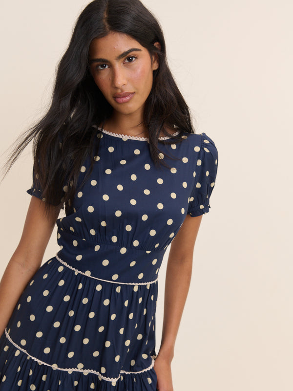 Navy Polka Dot Tiered Dara Midi Dress