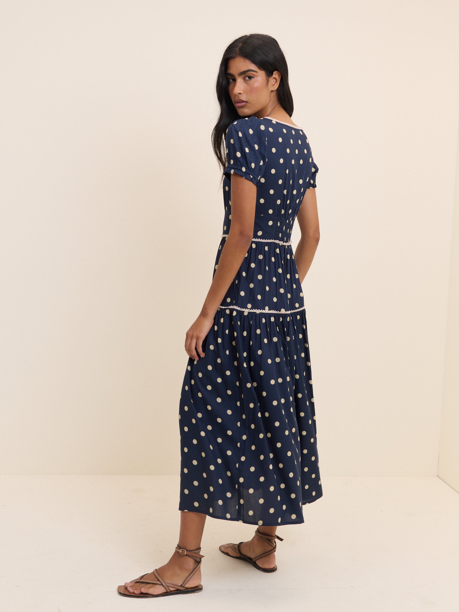 Navy Polka Dot Tiered Dara Midi Dress