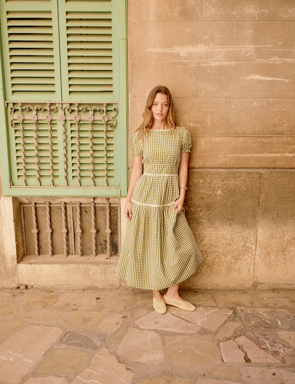 Green Gingham Lace Trim Dara Midi Dress