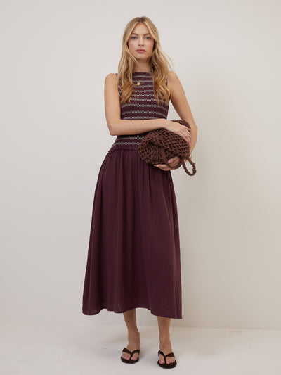 Purple Shirred Bodice Ingrid Midi Dress