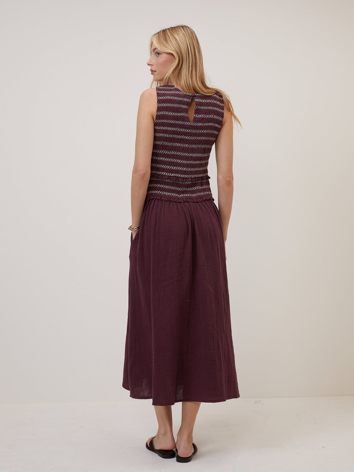 Purple Shirred Bodice Ingrid Midi Dress
