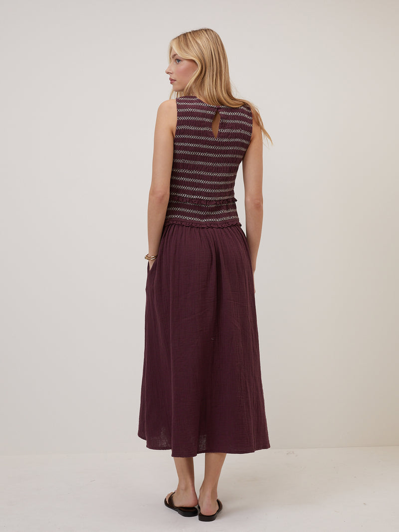 Purple Shirred Bodice Ingrid Midi Dress