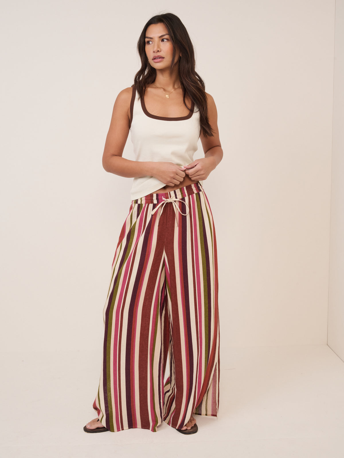 Multi-Coloured Striped Split Hem Wide Leg Trousers
