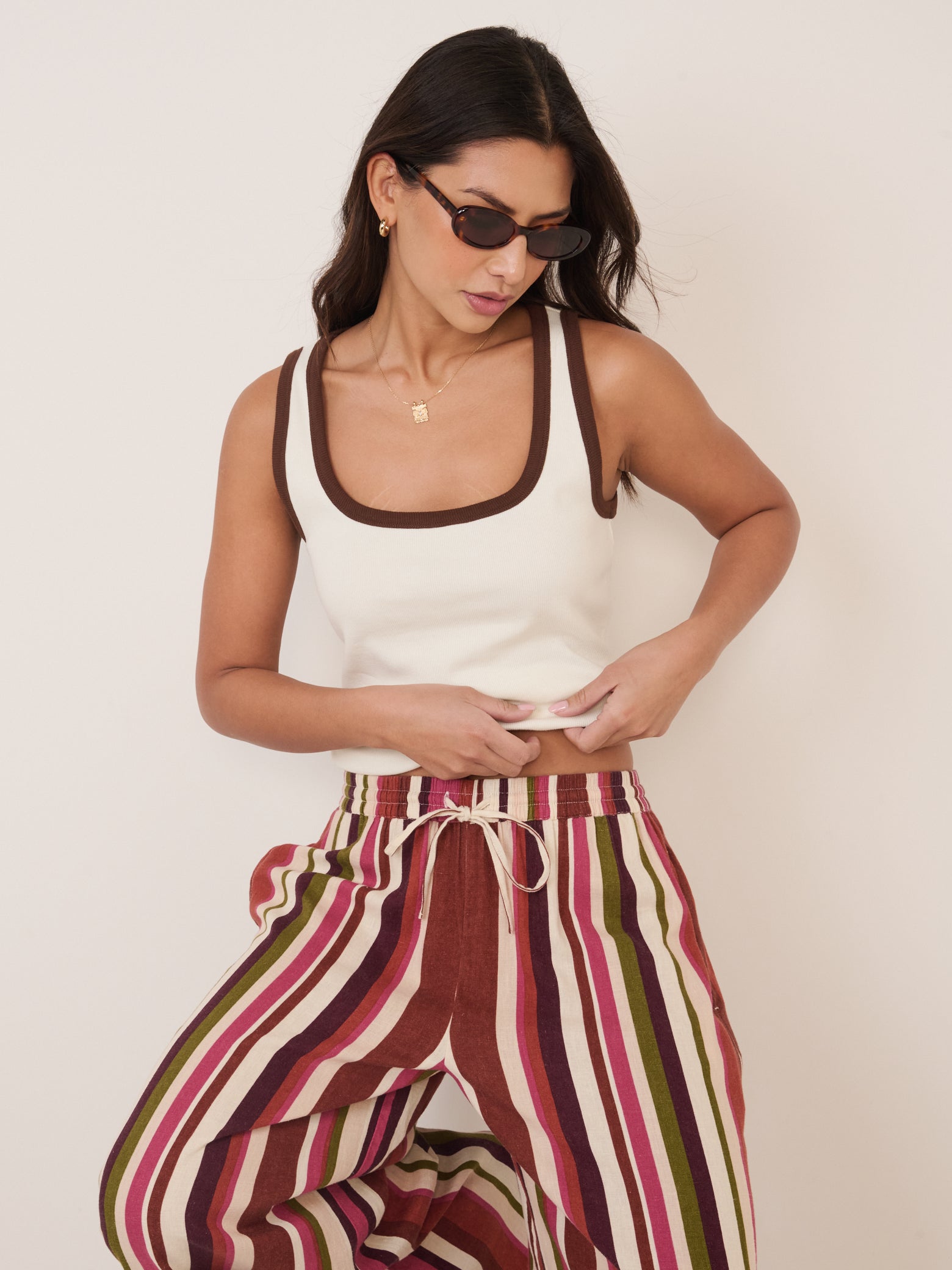 Multi-Coloured Striped Split Hem Wide Leg Trousers