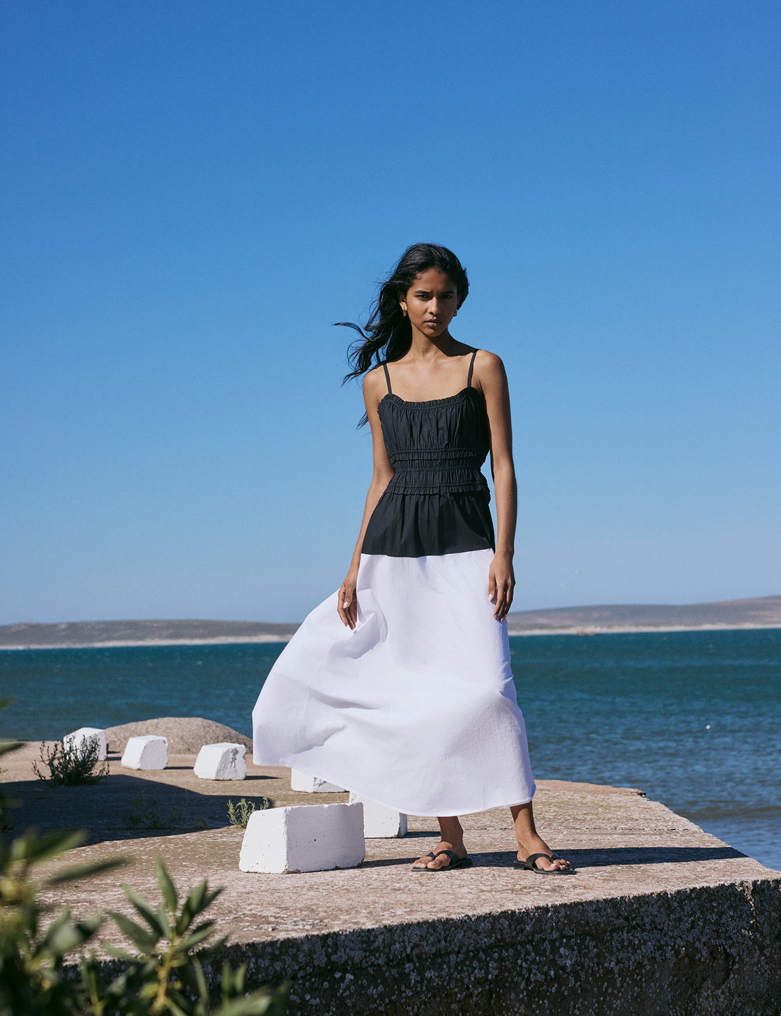Black And White Shirred Waist Alina Midi Dress Black And White Shirred Waist Alina Midi Dress