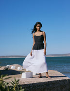 Black And White Shirred Waist Alina Midi Dress