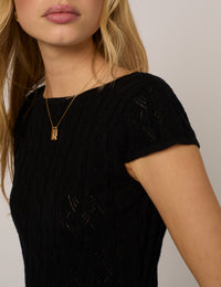 Black Pointelle Knitted T-Shirt